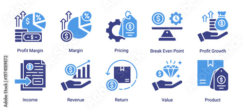 Profit and pricing icon set icons including revenue,income,margin,and pricing.Suitable for business,finance,and marketing design.