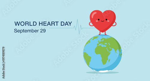 World Heart Day September 29: Cute Heart Character on Earth Globe, Health Awareness