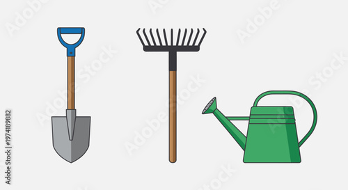 Collection of essential gardening tools including a sturdy shovel, a versatile rake, and a functional watering can, perfect for outdoor cultivation and plant care activities