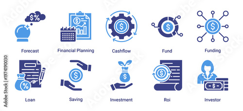 Financial flow icon set icons including cashflow,investment,forecast,and funding.Ideal for finance,business,and UI design.