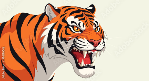 Striking vector illustration capturing the raw power and fierce intensity of a roaring tiger, showcasing its iconic orange and black stripes, intimidating snarl, and piercing gaze