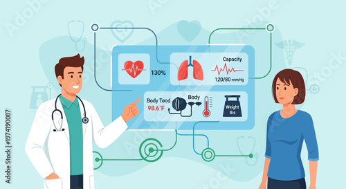 Doctor Explains Health Data on Futuristic Screen to Patient