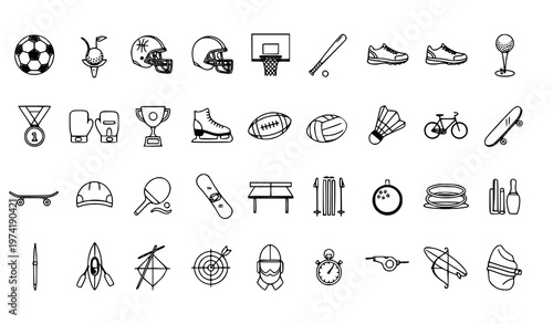 Title:
Sports icon set of 30 items with athletic gear fitness tools and competition symbols in outline flat vector style