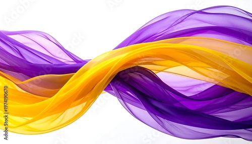 Flowing, translucent fabrics in shades of yellow and purple billow across a white background. The elegant, swirling design is light
