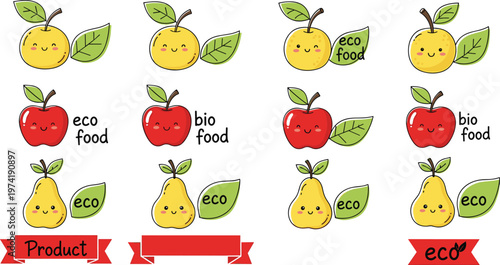 Cute Eco Food Fruit Labels Set with Apple, Pear, Lemon and Leaves Organic Product Badge Cartoon Vector Illustration