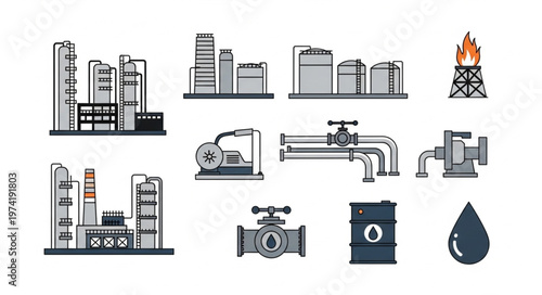 Oil and Gas Industry Icons - Refinery, Equipment, and Resources.