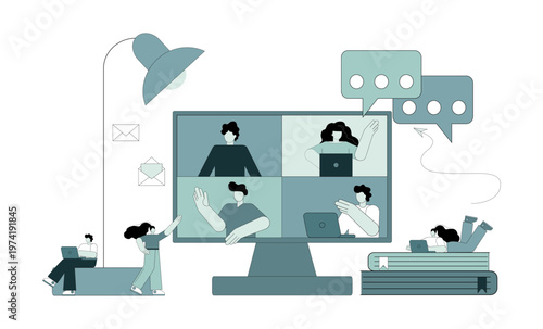 Online meetings. Online training. Business conferences using gadgets. Distance learning. Remote work from home.eps