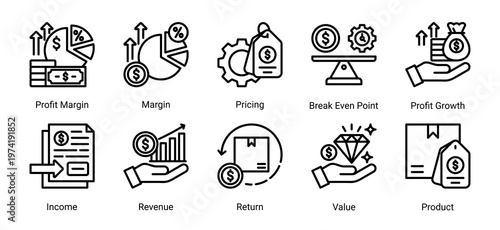 Profit and pricing icon set icons including revenue,income,margin,and pricing.Suitable for business,finance,and marketing design.