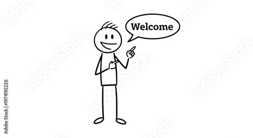 A smiling person holding a phone and saying welcome in a friendly manner