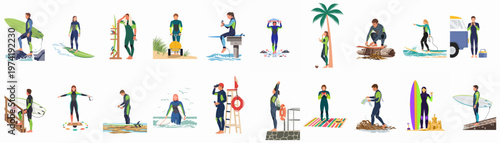 Large collection of flat vector illustrations featuring diverse surfers in wetsuits engaged in various beach activities, surfing, and preparing for the waves.