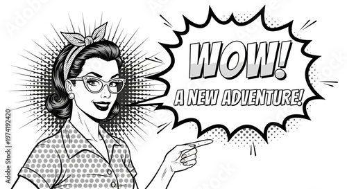 A woman excitedly points to a speech bubble with WOW! A NEW ADVENTURE! vbnjuy