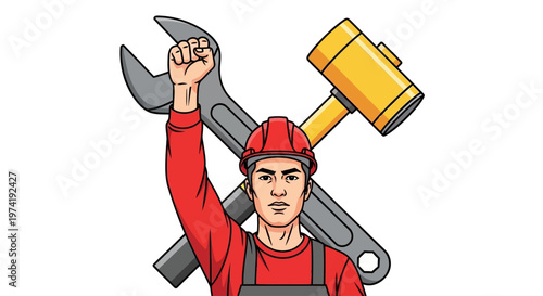 Man in red shirt and cap holds wrench and hammer up