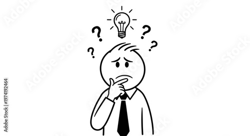 Man in a suit with a puzzled expression has an idea with question marks