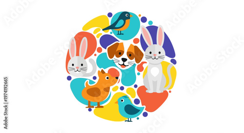 Colorful vector illustration for National Pet Adoption Day featuring a diverse group of animal characters including dogs, cats, rabbits, and birds arranged in a circular layout