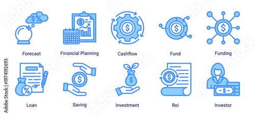 Financial flow icon set icons including cashflow,investment,forecast,and funding.Ideal for finance,business,and UI design.