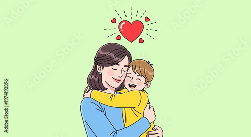 Mother lovingly hugs her child with heart above them showing love