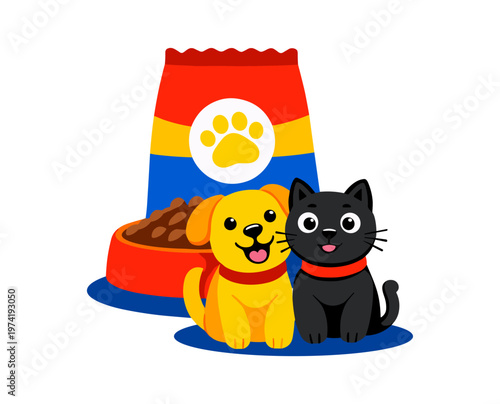 Pet food bag with dog and cat. Animal nutrition concept. Food packaging for pets. Represents feeding and pet care essentials.