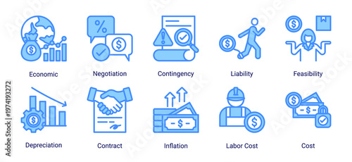 Risk and economics icon set icons including liability,inflation,contract,and feasibility.Suitable for finance,business,and analysis design.
