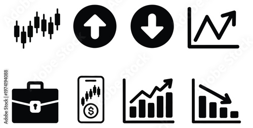 Financial business icon collection showcasing stock market graphics, trading tools, investment portfolio symbols, economic indicators, and clean scalable