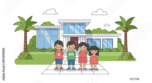Family stands in front of a modern house on transparent background silhouette