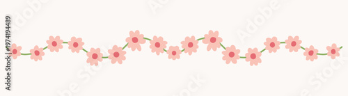 Pink flower string border vector for decorative header. Minimalist hand drawn floral garland divider illustration for wedding stationery and botanical branding