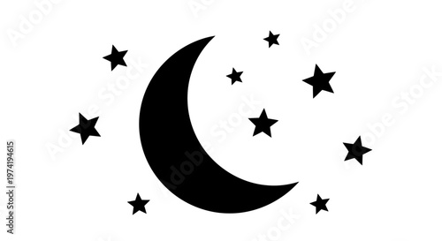 Black crescent moon and stars symbol.