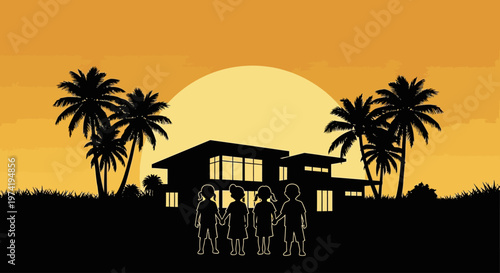 Family enjoying a sunset view with palm trees silhouette on transparent background