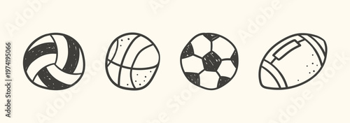 Black and white set of balls - volleyball ball, basketball ball, soccer ball, rugby ball; drawing, sketch; simple cute vector illustration, hand drawn in flat style