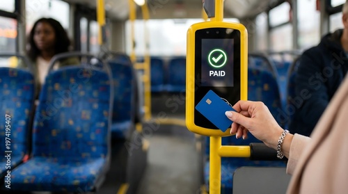 Woman hand using blue contactless credit card to pay for bus fare at yellow electronic validator machine inside city public transport vehicle showing green check mark paid screen.