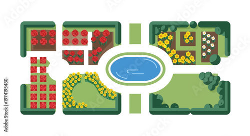 Aerial view of a colorful garden layout on transparent background silhouette