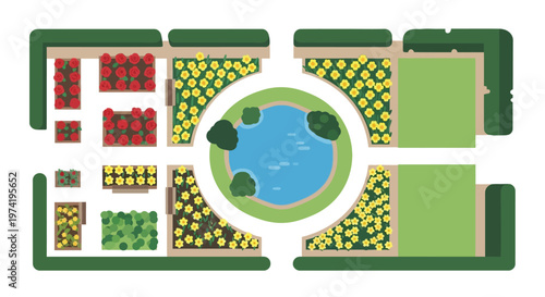 Aerial view of a formal garden with colorful flowerbeds on transparent background silhouette