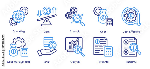 Cost basics icon set icons including cost,analysis,estimate,and management.Suitable for business,finance,UI,and infographic design.