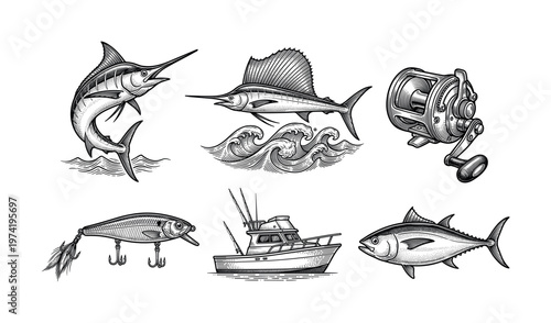 A set of vintage deep sea fishing illustrations in an engraving style. Includes marlin, tuna, boat, reel, and lure. Perfect for logos, emblems, t-shirts, and branding.