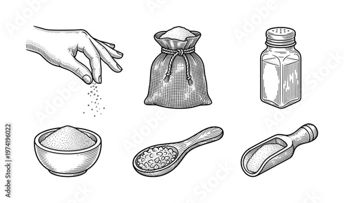 Retro hand-drawn vector set of salt icons. Features hand sprinkling, shaker, sack, spoon. Ideal for food packaging, recipe books, restaurant branding and menu design.
