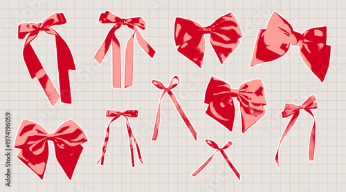 Cutout red aesthetic collage bow knots and ribbons with photocopy effect. Grungy punk vector elements for vintage design