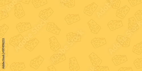 Seamless pattern of delicious yellow cheese slices with holes on a matching background for food industry packaging and culinary dairy product design. Vector Illustration.