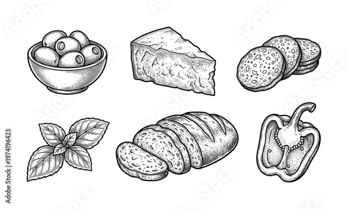 Set of hand drawn food ingredients in a vintage engraving style. Includes olives, cheese, salami, basil, bread, and pepper. Perfect for menus, packaging, or restaurant branding.