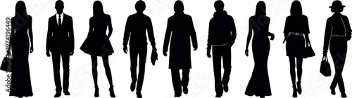 Elegant silhouettes of fashionably dressed diverse men and women walking in trendy seasonal clothing isolated on a clean white background