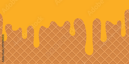 Delicious golden honey or caramel drips melting over a crispy waffle cone pattern background for sweet dessert food branding and marketing design. Vector Illustration.