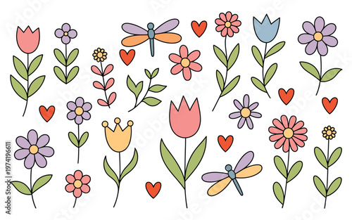 Set of doodle flowers with green leaves hearts and dragonflies set isolated on white background for spring floral design. Vector Illustration.
