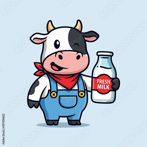 Cartoon cow in overalls holding milk.
