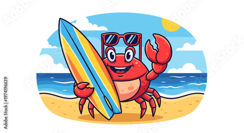 Cartoon crab with surfboard smiling.