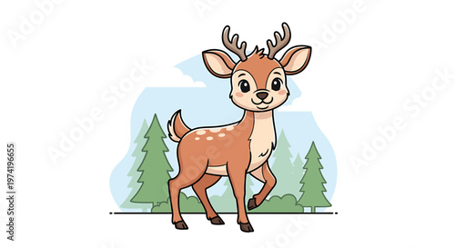 Cartoon Deer with Antlers Standing.