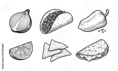 Vintage Mexican food illustration set. Hand-drawn vector sketch of taco, nachos, pepper, and quesadilla. Perfect for restaurant menus, packaging, or culinary branding.