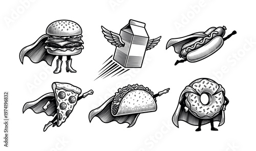 Funny fast food superhero characters in a vintage, engraved style. This black and white vector set is ideal for restaurant branding, menus, t-shirts, and promotions.
