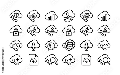 A set of vector line icons for cloud telephony and VoIP services. Symbols for secure calling, data, and support. Perfect for web, app, and business communication design.