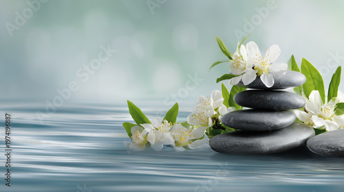 Spa Scene with Stacked Rocks Floating on Water with Soft Light Background