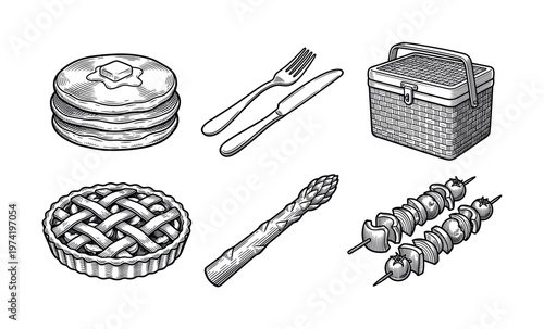 A set of hand-drawn food icons in a vintage engraving style. Includes picnic and barbecue items perfect for restaurant menus, packaging, or branding design. Retro vector art.