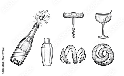 Set of vintage bar and cocktail icons in an engraving style. Features champagne, shaker, and corkscrew. Perfect for elegant menus, branding, and party invitations.