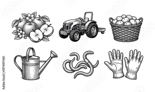 A collection of farm and garden icons in a vintage engraving style. Includes tractor, apples, potatoes, gloves. Perfect for organic branding, packaging, and agricultural design.